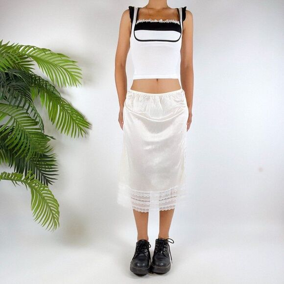 Vintage 90s White Coquette Cottagecore Low Rise Angelcore Midi Slip Skirt / M - Picture 1 of 6